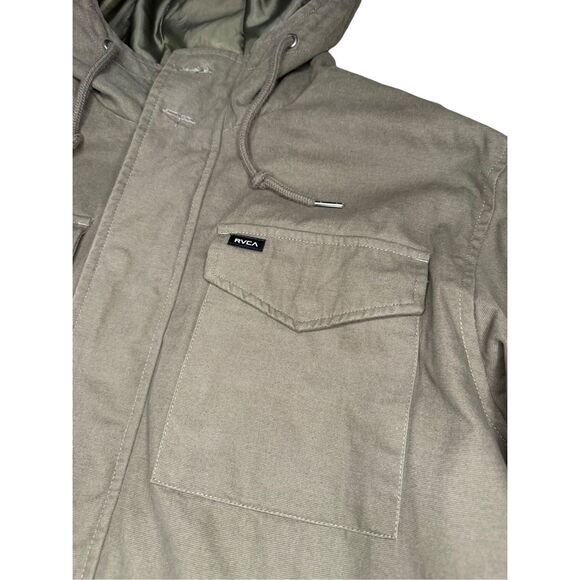 RVCA Men’s Large Canvas Fleece Hooded Jacket Green Zip Button Outerwear Gorpcore - Picture 4 of 7